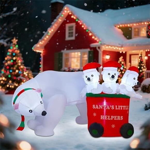 7 FT Christmas Inflatables Polar Bear with Santa Hat,...